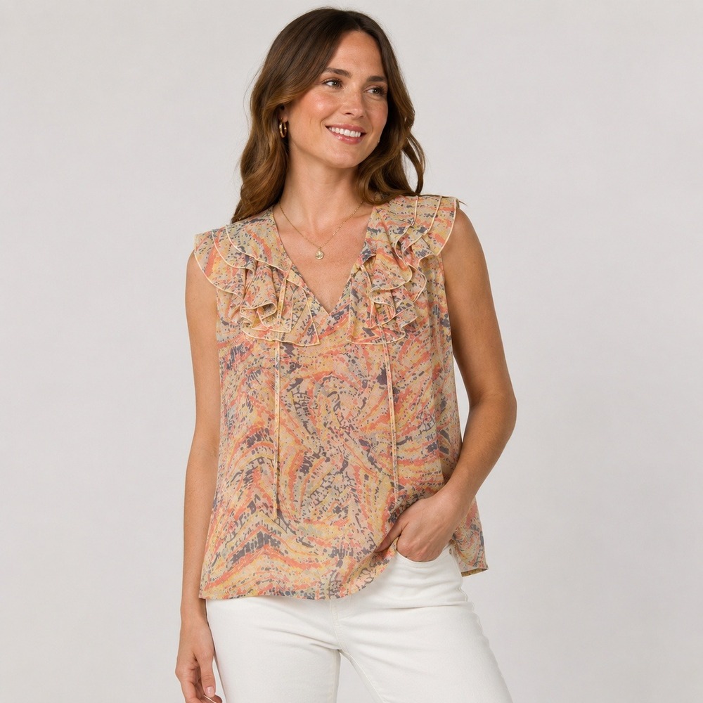 CAbi Sheer Ruffle‎ Blouse Womens Small Paisley Sleeveless Boho Top